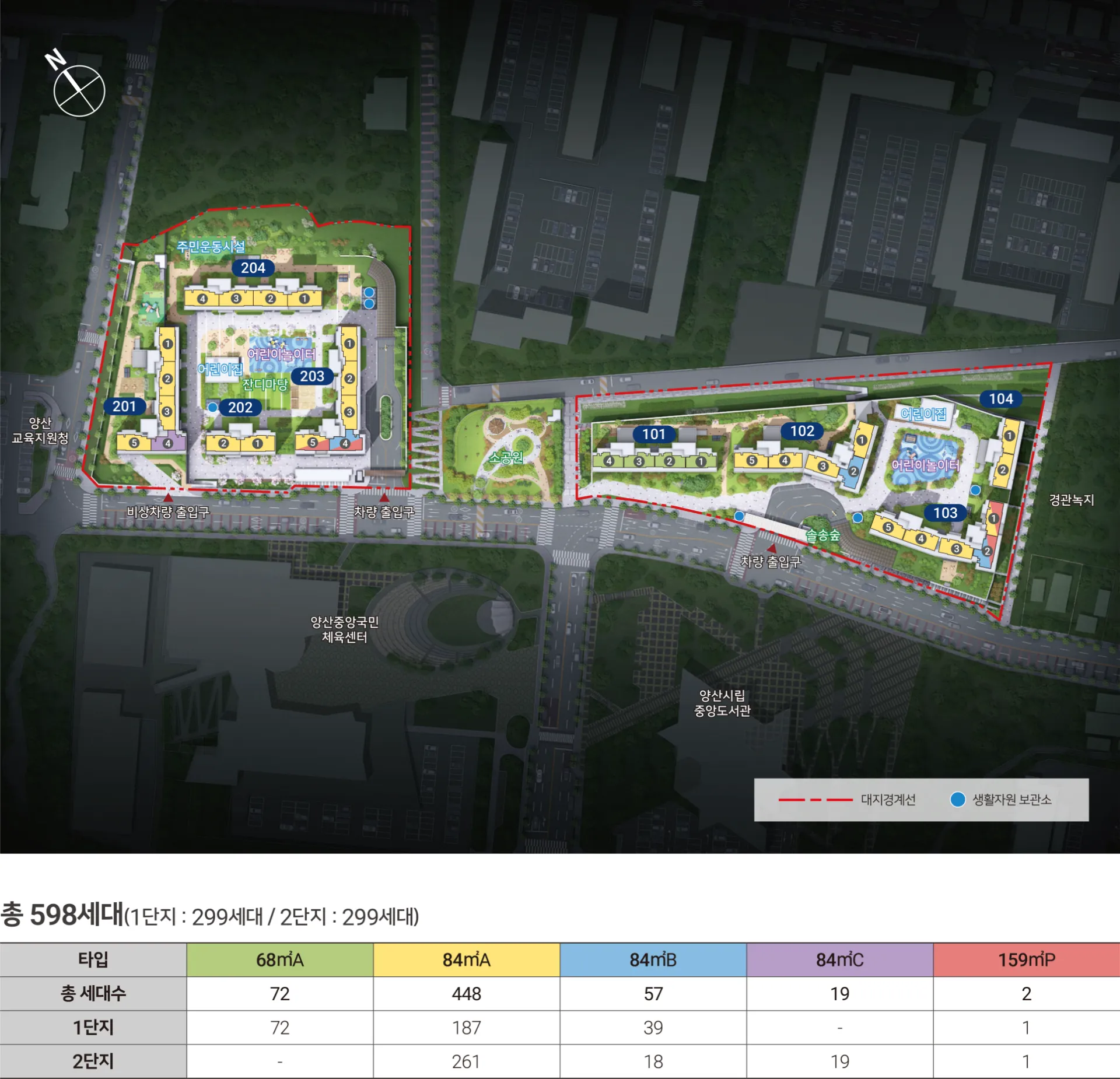 힐스테이트 양산더스카이 단지 배치도 — 1단지 101~104동, 2단지 201~204동 배치