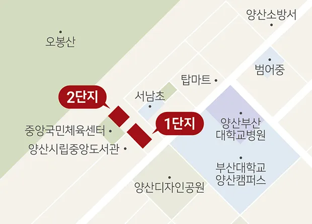 힐스테이트 양산더스카이 현장 위치 약도 — 1단지·2단지와 주변 학교·공공시설